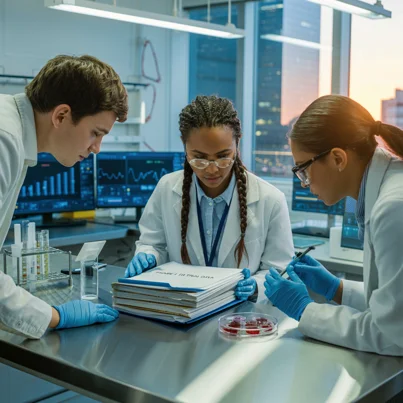 Clinical research professionals reviewing study documentation in a laboratory